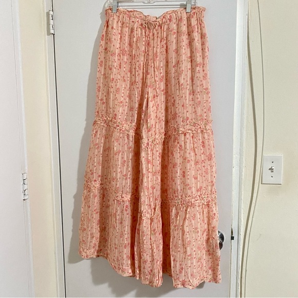 New Free Peoplel Emmaline Tiered Floral Wide Leg Pull-On Pants Peach Combo Sz L - Picture 4 of 16